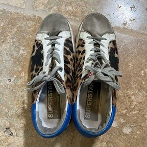 Golden Goose SuperStar Sneakers Leopard Pony Hair Blue Heel Tab Size 40